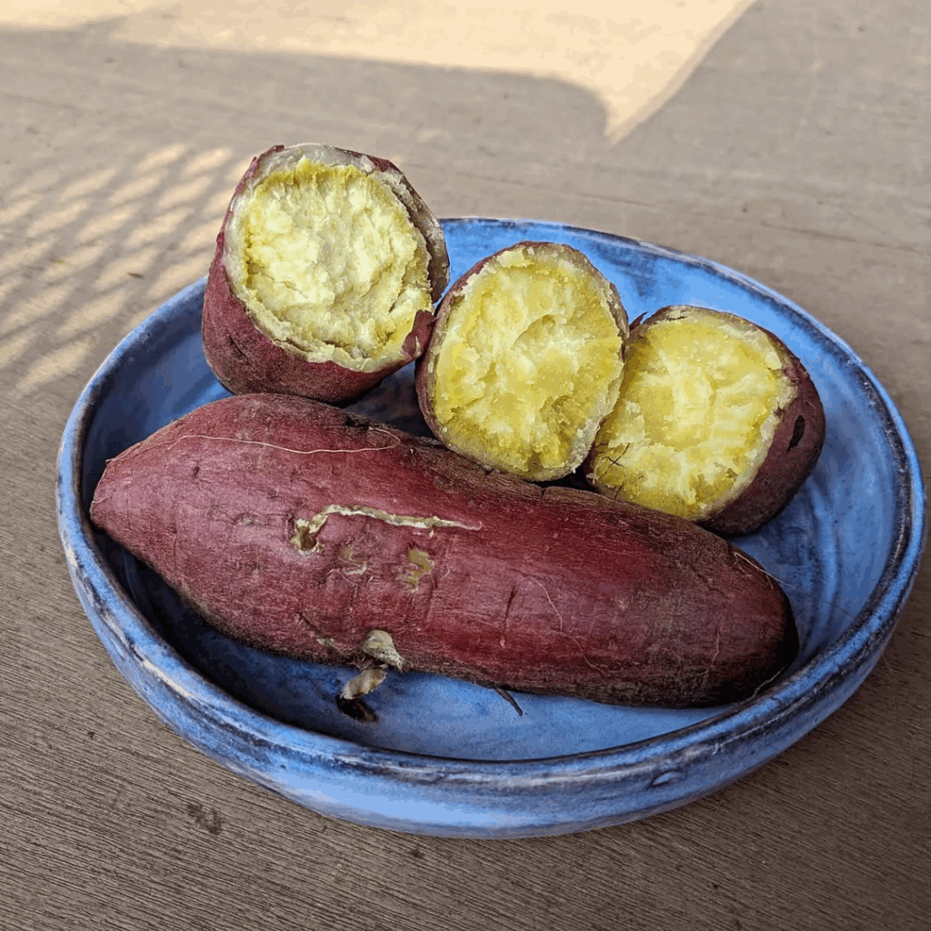 青い皿に盛られた焼き芋とサツマイモ